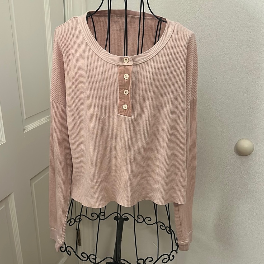 Aerie Pink Button-Up Waffle Knit Top M